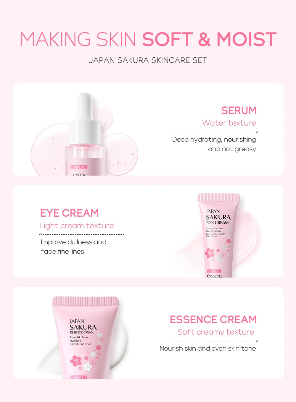 3pcs/set LAIKOU Vitamine C 24K Golden Sakura Ensembles de soins de la peau Crème pour le visage Sérum Crème pour les yeux Kit de soins du visage anti-rides