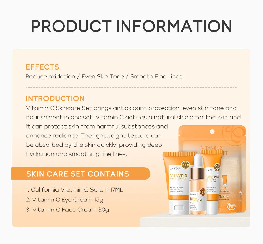 3pcs/set LAIKOU Vitamine C 24K Golden Sakura Ensembles de soins de la peau Crème pour le visage Sérum Crème pour les yeux Kit de soins du visage anti-rides