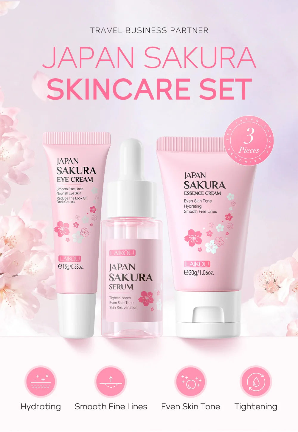 3pcs/set LAIKOU Vitamine C 24K Golden Sakura Ensembles de soins de la peau Crème pour le visage Sérum Crème pour les yeux Kit de soins du visage anti-rides