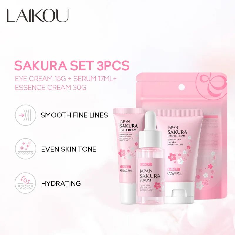 3pcs/set LAIKOU Vitamine C 24K Golden Sakura Ensembles de soins de la peau Crème pour le visage Sérum Crème pour les yeux Kit de soins du visage anti-rides