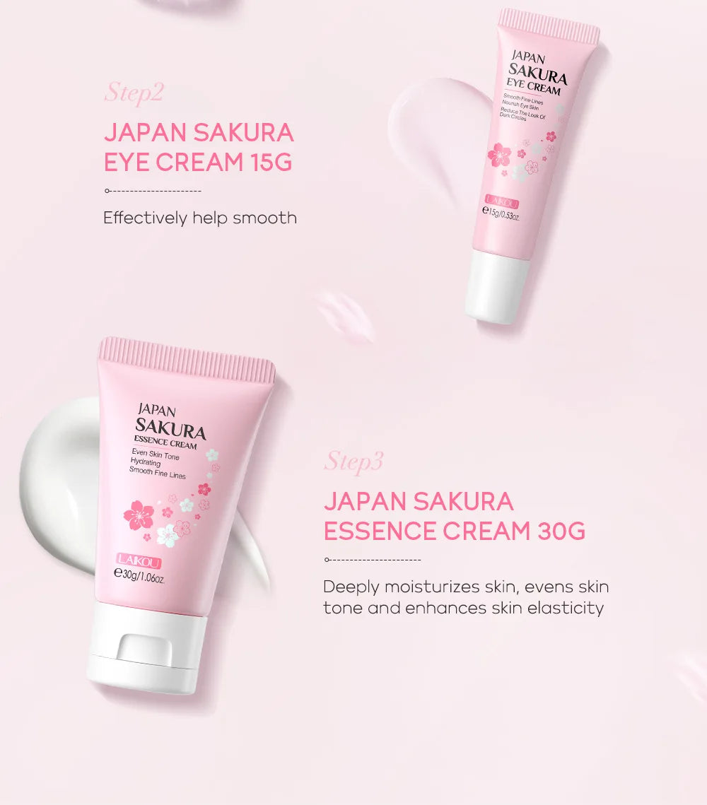 3pcs/set LAIKOU Vitamine C 24K Golden Sakura Ensembles de soins de la peau Crème pour le visage Sérum Crème pour les yeux Kit de soins du visage anti-rides