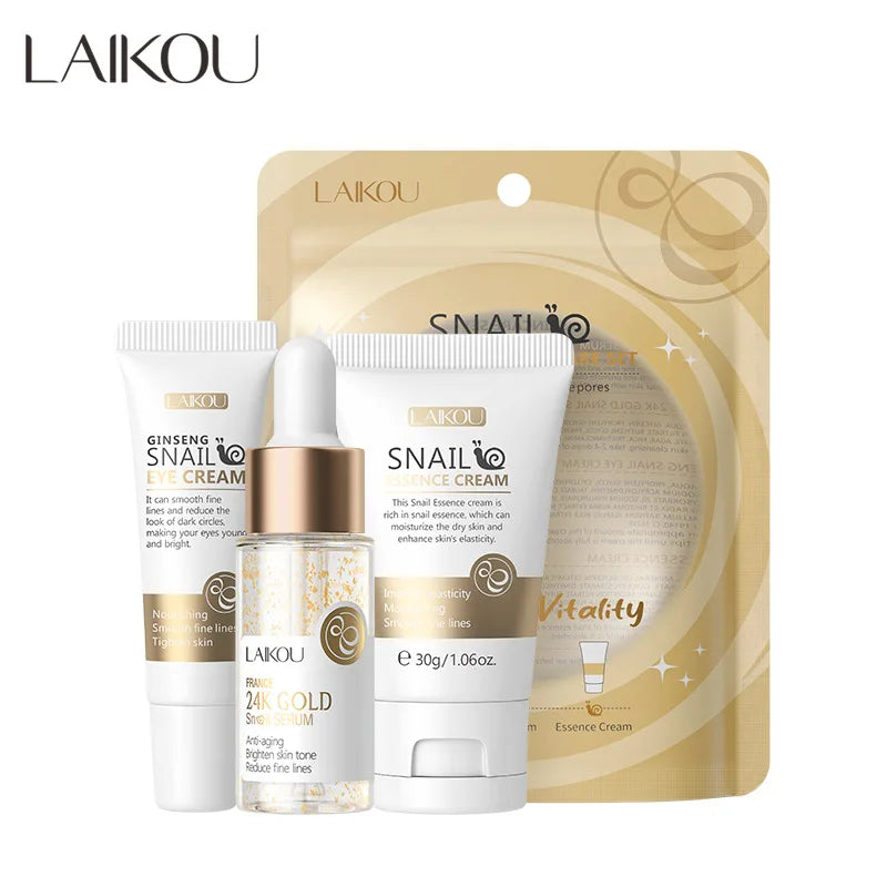 3pcs/set LAIKOU Vitamine C 24K Golden Sakura Ensembles de soins de la peau Crème pour le visage Sérum Crème pour les yeux Kit de soins du visage anti-rides