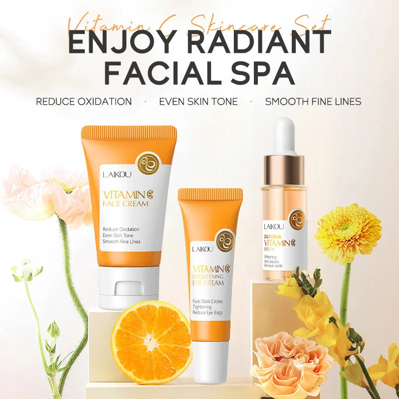 3pcs/set LAIKOU Vitamine C 24K Golden Sakura Ensembles de soins de la peau Crème pour le visage Sérum Crème pour les yeux Kit de soins du visage anti-rides