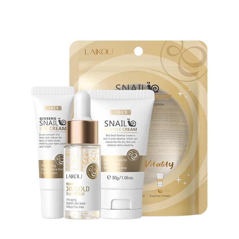 3pcs/set LAIKOU Vitamine C 24K Golden Sakura Ensembles de soins de la peau Crème pour le visage Sérum Crème pour les yeux Kit de soins du visage anti-rides