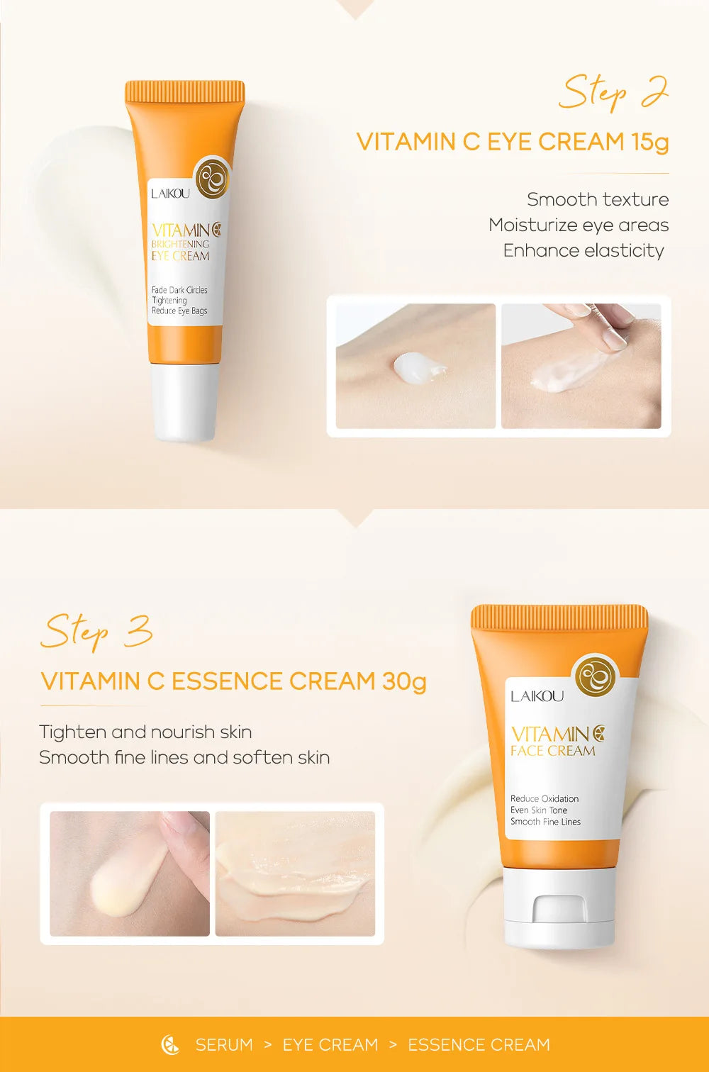 3pcs/set LAIKOU Vitamine C 24K Golden Sakura Ensembles de soins de la peau Crème pour le visage Sérum Crème pour les yeux Kit de soins du visage anti-rides