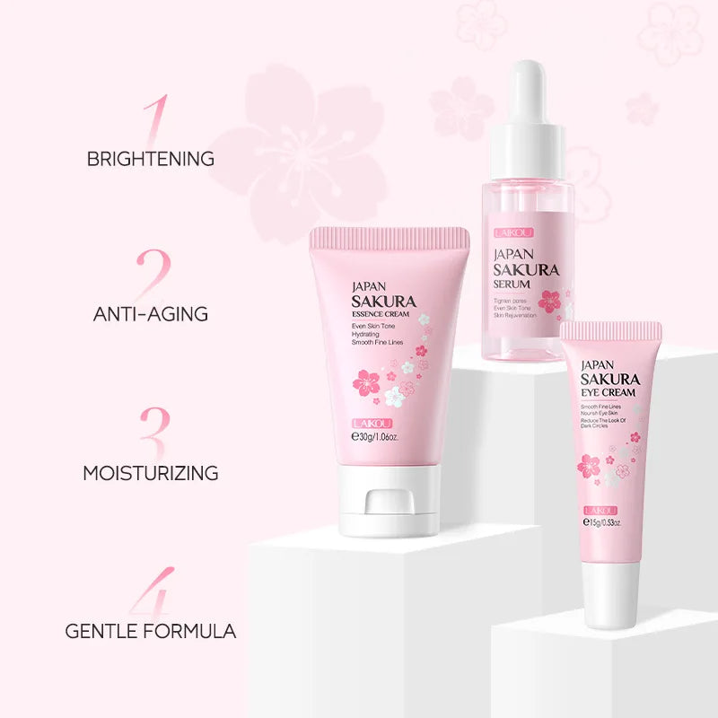 3pcs/set LAIKOU Vitamine C 24K Golden Sakura Ensembles de soins de la peau Crème pour le visage Sérum Crème pour les yeux Kit de soins du visage anti-rides