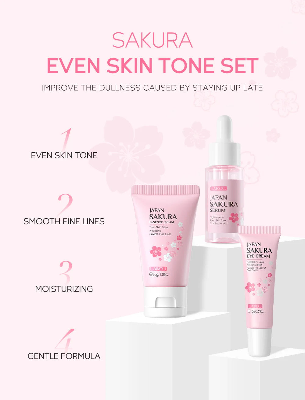 3pcs/set LAIKOU Vitamine C 24K Golden Sakura Ensembles de soins de la peau Crème pour le visage Sérum Crème pour les yeux Kit de soins du visage anti-rides