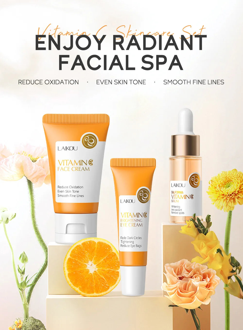 3pcs/set LAIKOU Vitamine C 24K Golden Sakura Ensembles de soins de la peau Crème pour le visage Sérum Crème pour les yeux Kit de soins du visage anti-rides