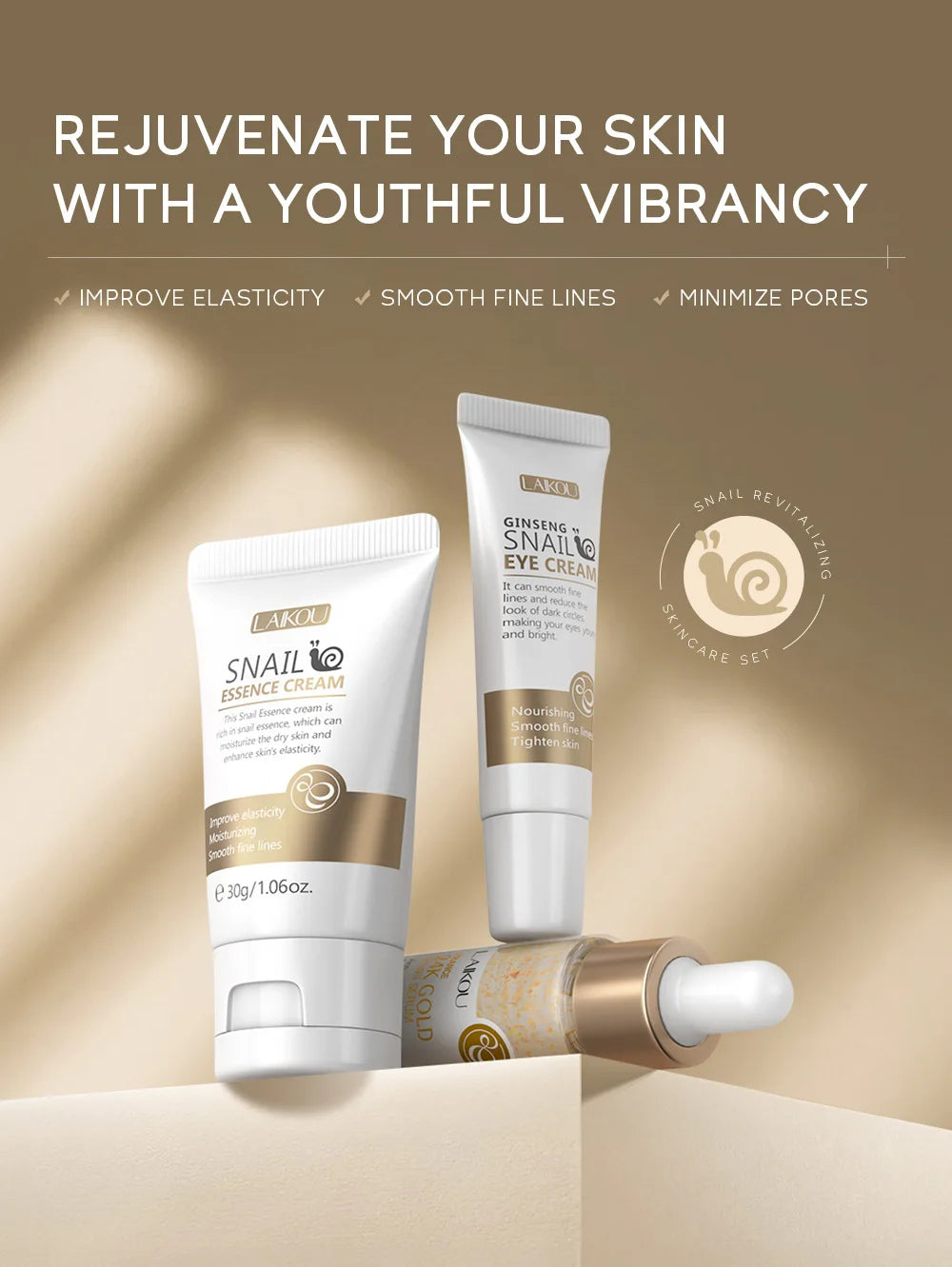 3pcs/set LAIKOU Vitamine C 24K Golden Sakura Ensembles de soins de la peau Crème pour le visage Sérum Crème pour les yeux Kit de soins du visage anti-rides