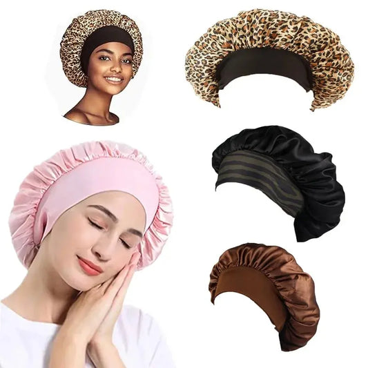Bonnets en satin Bonnet de nuit Grand élastique Large bande douce Chapeau en soie coloré pour les soins des cheveux bouclés Maquillage de beauté pour les femmes